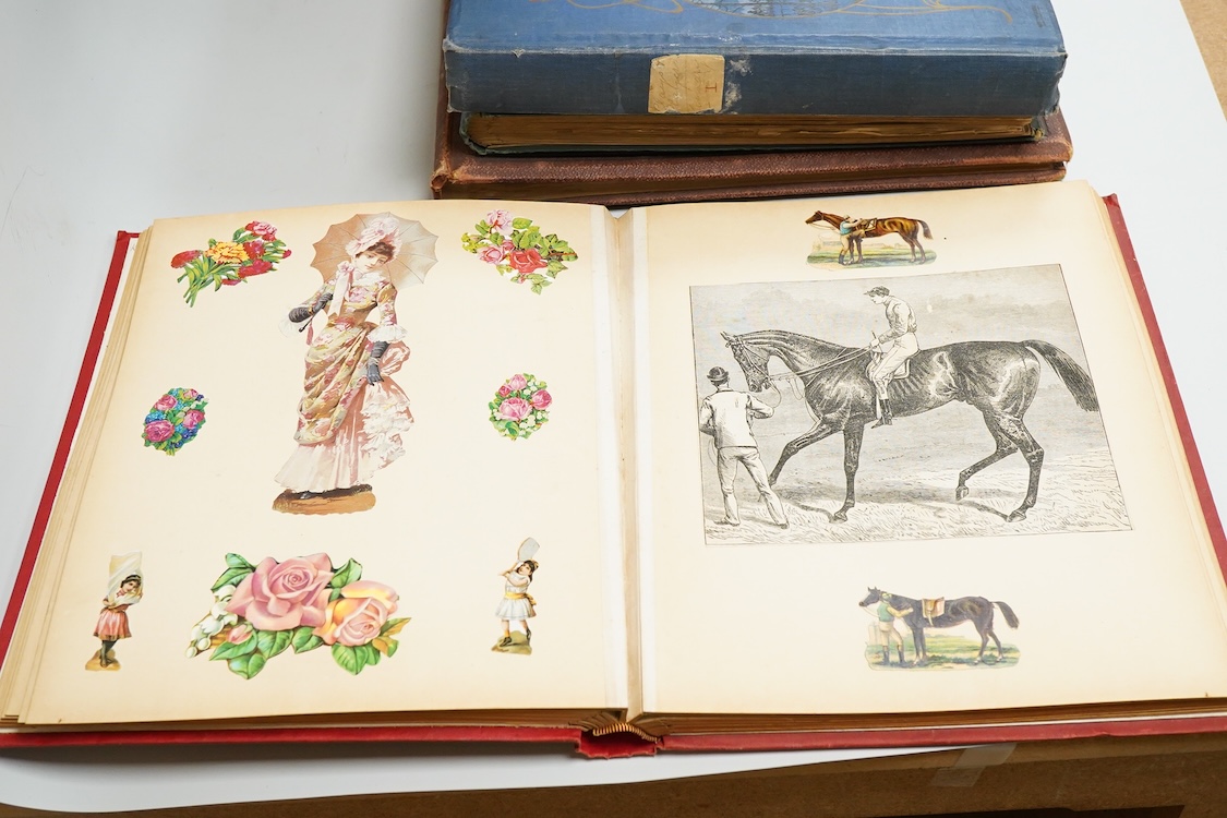 A collection of Victorian and later scrap books containing decoupage, newspaper cuttings and cutout prints